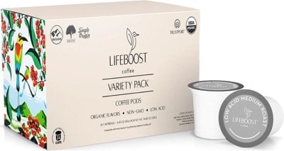 Lifeboost Variety Pack Coffee Pods in a beige box