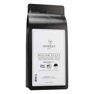 Lifeboost medium roast decaf coffee in a black and white coffee bag
