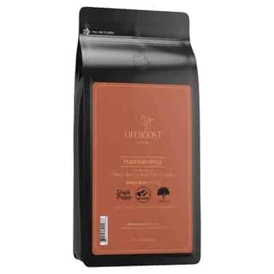 Lifeboost Pumpkin Spice Coffee in a black and orange coffee bag
