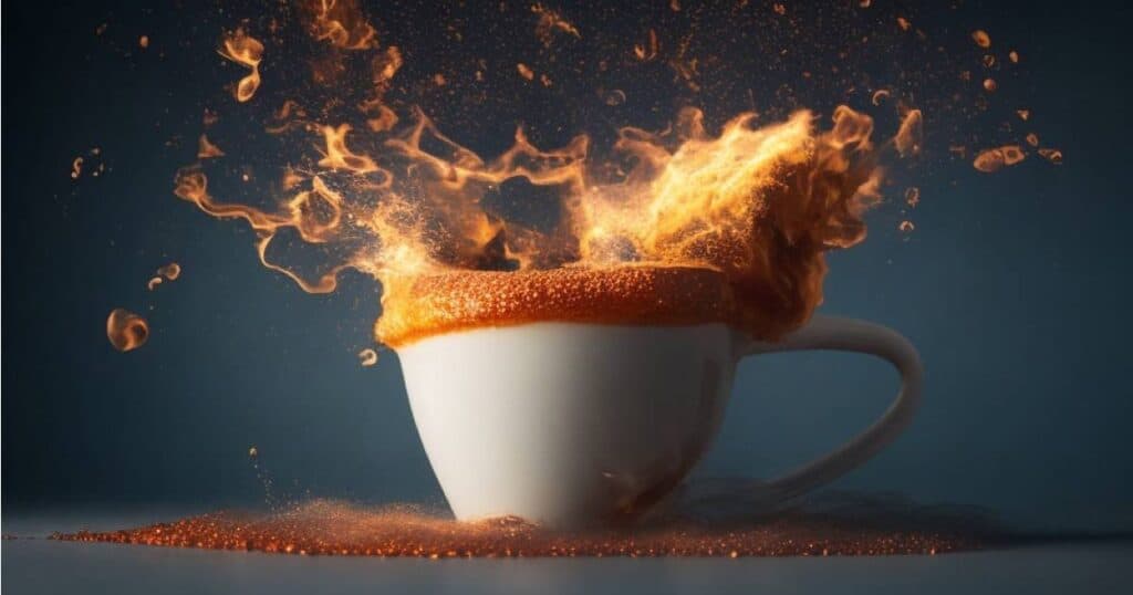 bubbly coffee overflowing a coffee cup like a volcanic eruption
