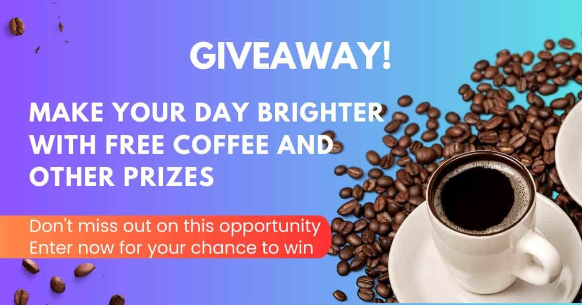 bright image with coffee cup and beans promoting the coffee giveaway