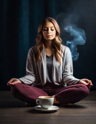 young women sitting in meditatio pose with a cup of steaming coffee in front of her